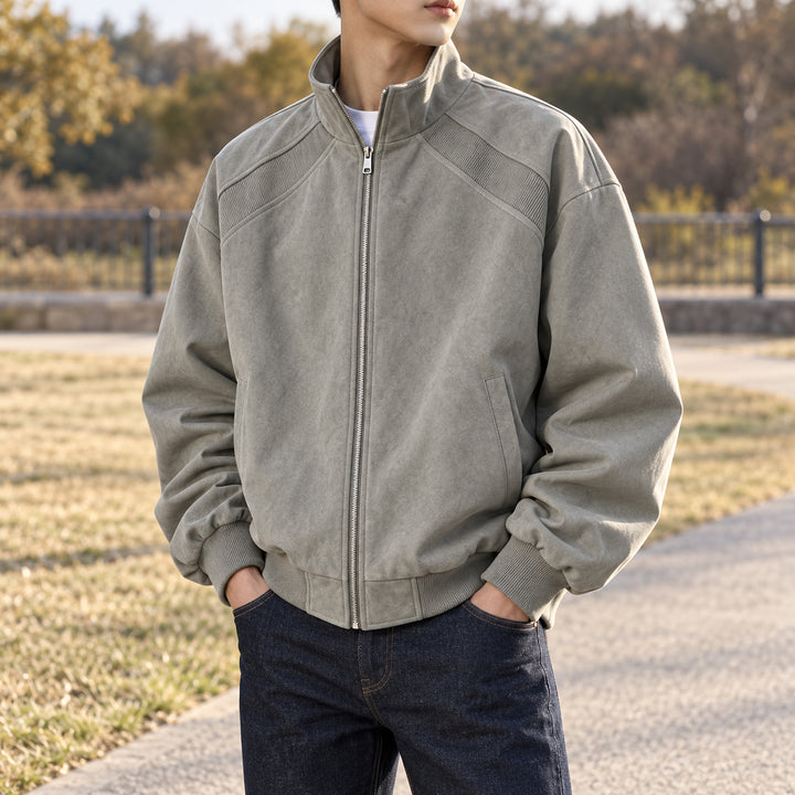Keaton Washed Suede Bomber — Gray