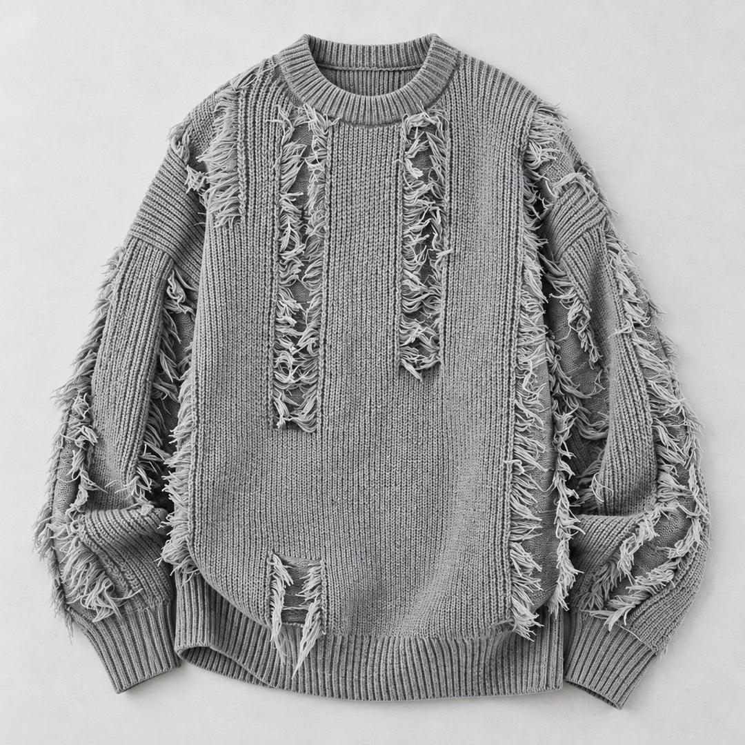 Mercer Distressed Fringe Sweater — Gray