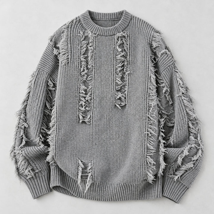 Mercer Distressed Fringe Sweater — Gray