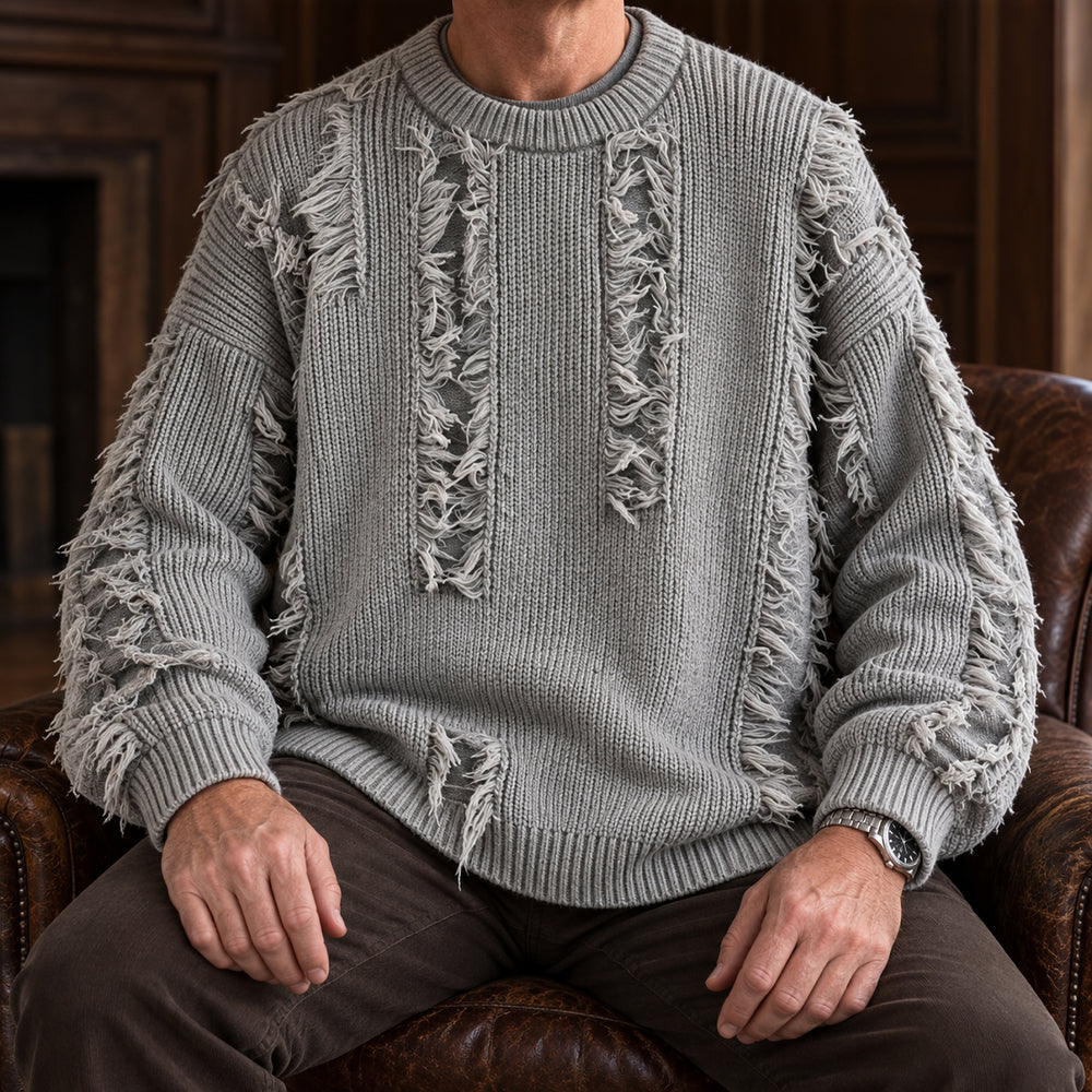 Mercer Distressed Fringe Sweater — Gray