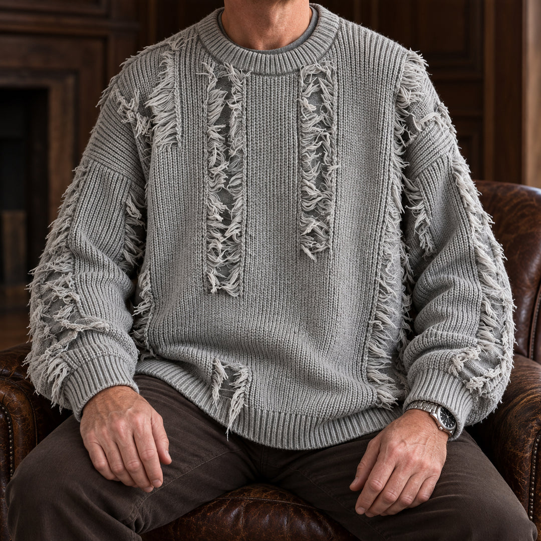 Mercer Distressed Fringe Sweater — Gray