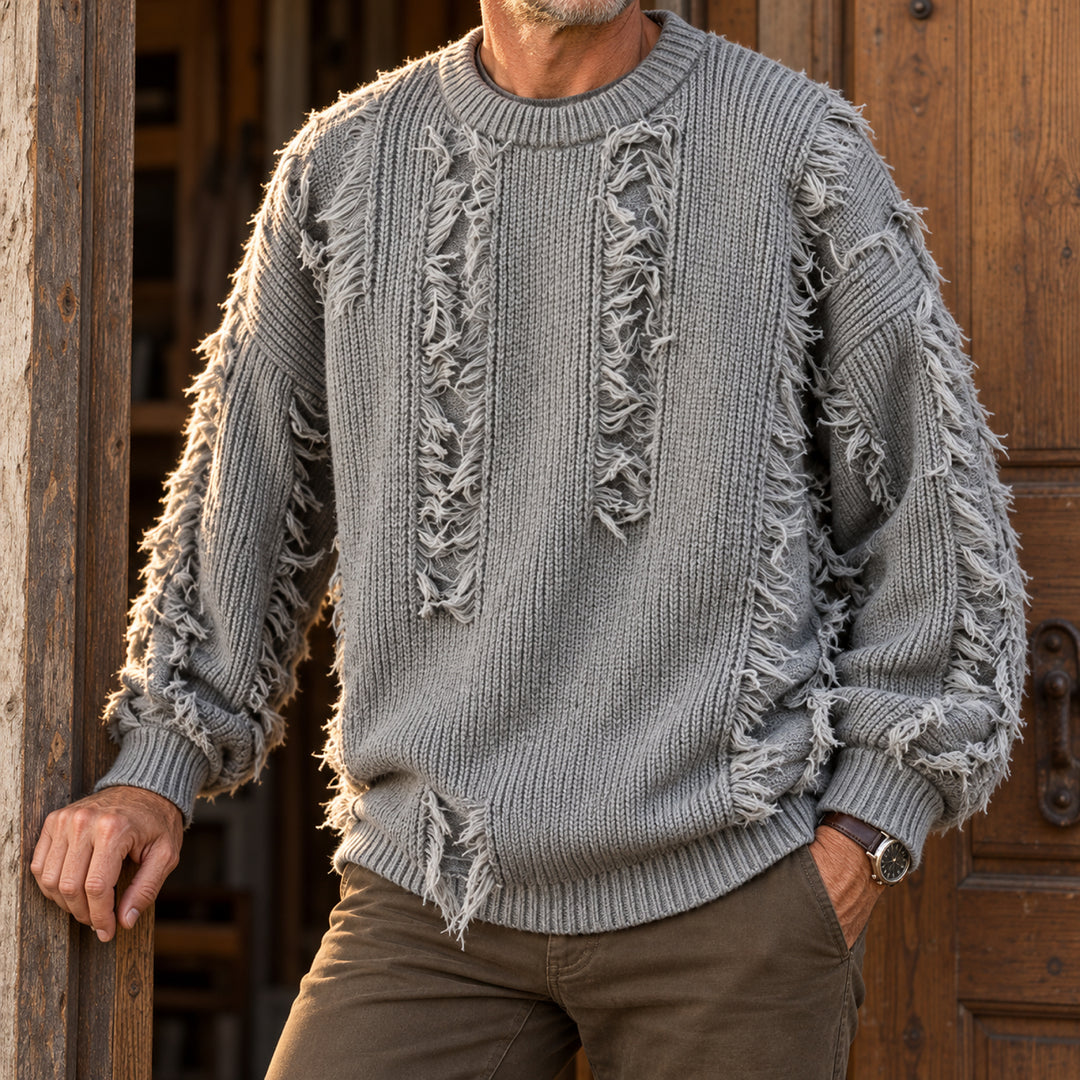 Mercer Distressed Fringe Sweater — Gray