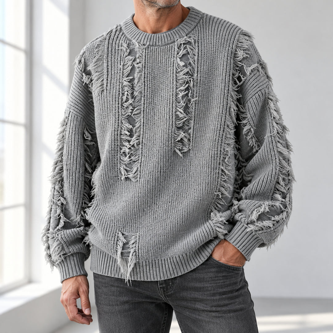Mercer Distressed Fringe Sweater — Gray