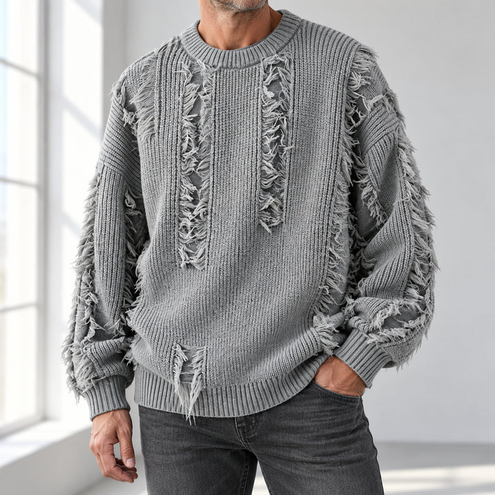 Mercer Distressed Fringe Sweater — Gray
