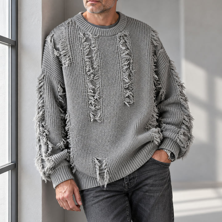 Mercer Distressed Fringe Sweater — Gray