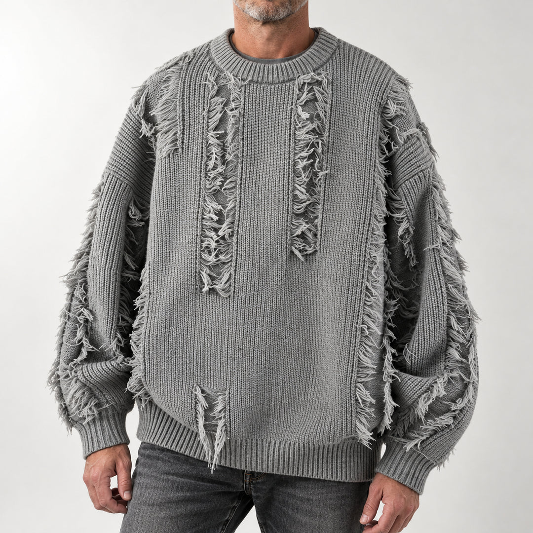Mercer Distressed Fringe Sweater — Gray