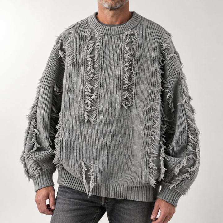 Mercer Distressed Fringe Sweater — Gray