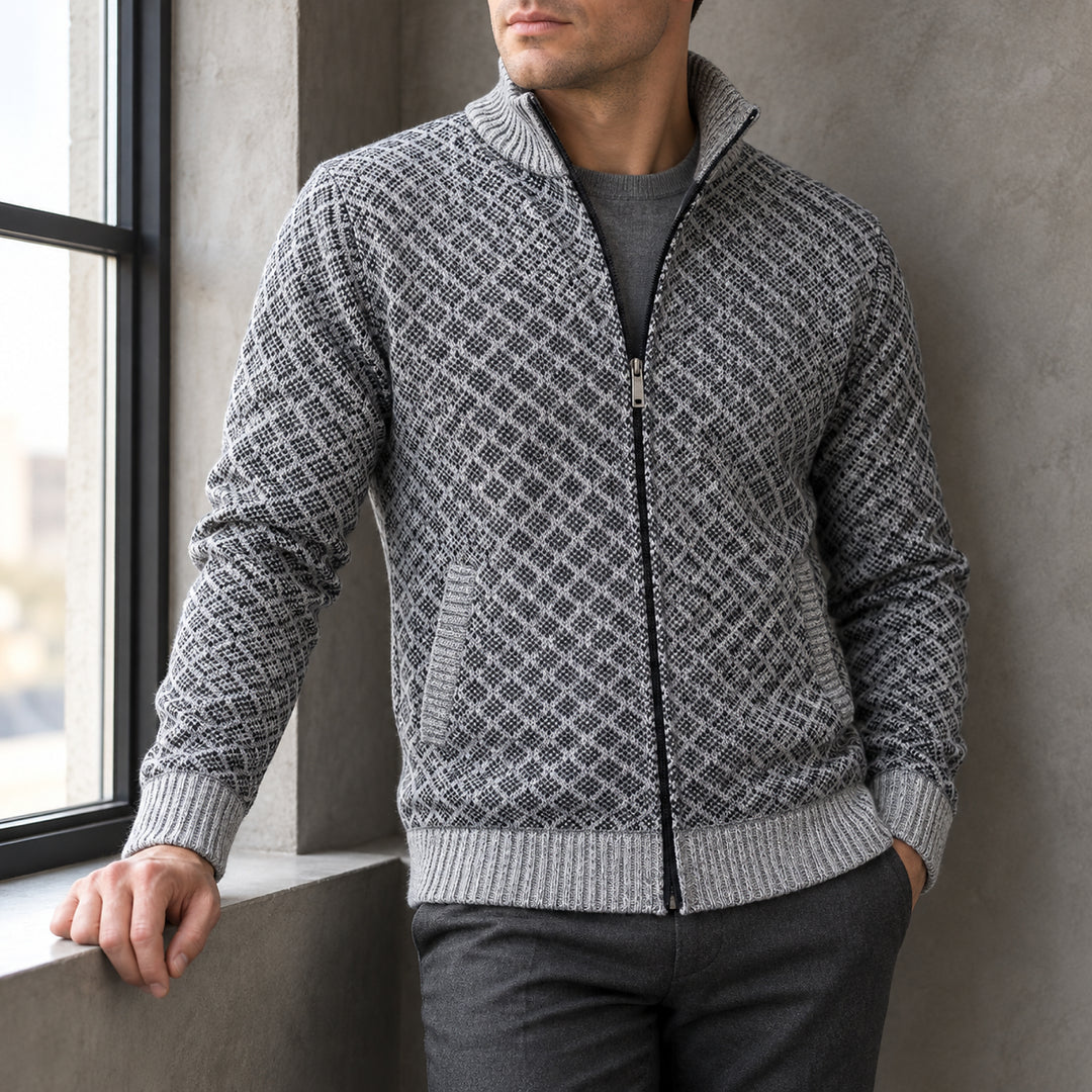 St Andrews Diamond Knit Cardigan — Light Gray