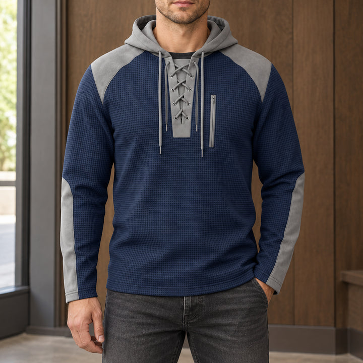 Kingston Lace-Up Waffle Hoodie — Navy Blue