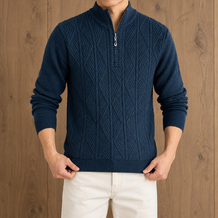 Galway Diamond-Cable Quarter Zip — Navy Blue
