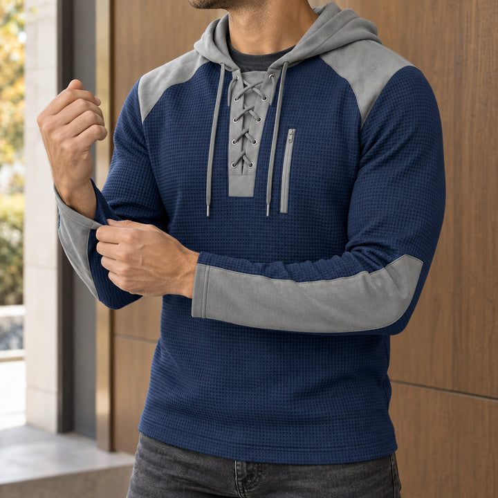 Kingston Lace-Up Waffle Hoodie — Navy Blue