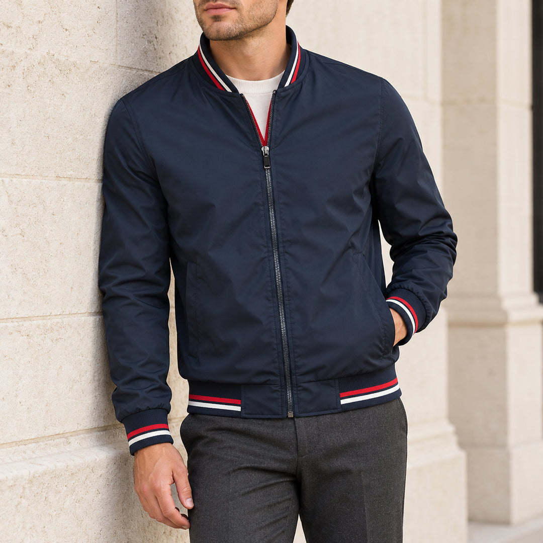 Whitman Striped-Trim Bomber Jacket — Navy Blue
