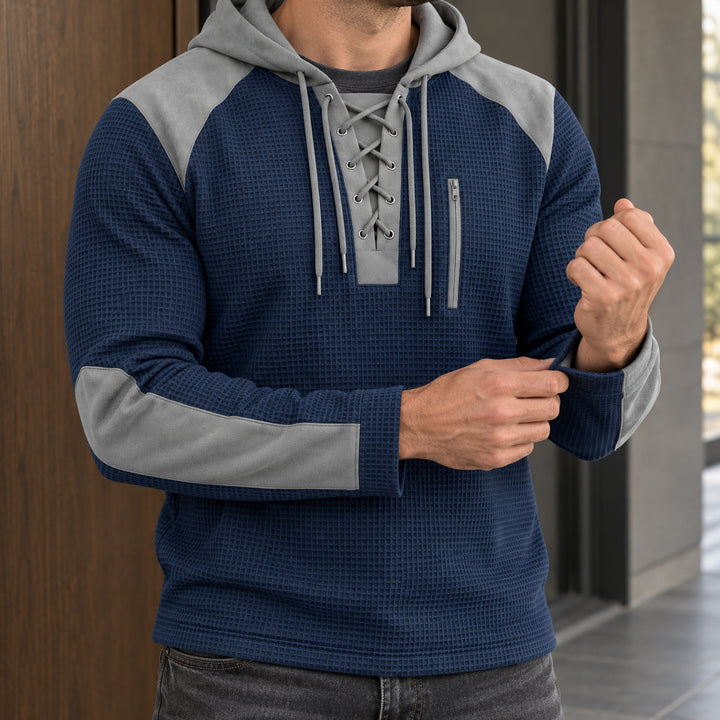 Kingston Lace-Up Waffle Hoodie — Navy Blue