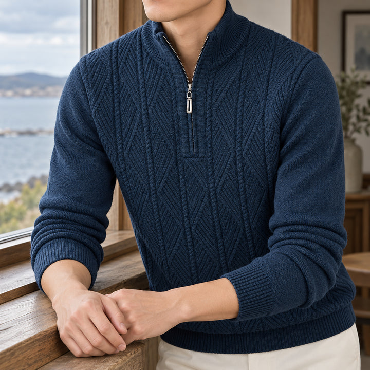 Galway Diamond-Cable Quarter Zip — Navy Blue
