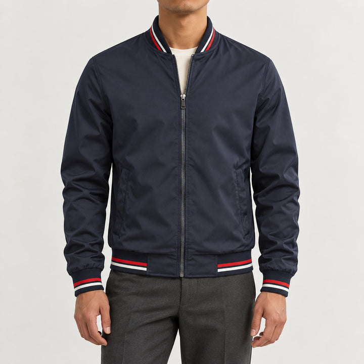 Whitman Striped-Trim Bomber Jacket — Navy Blue