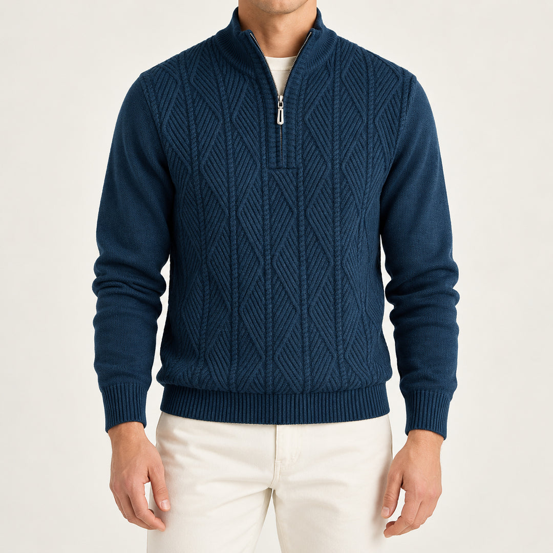 Galway Diamond-Cable Quarter Zip — Navy Blue