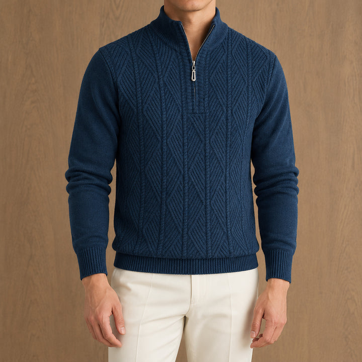 Galway Diamond-Cable Quarter Zip — Navy Blue