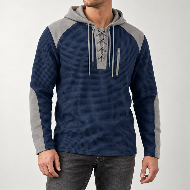 Kingston Lace-Up Waffle Hoodie — Navy Blue