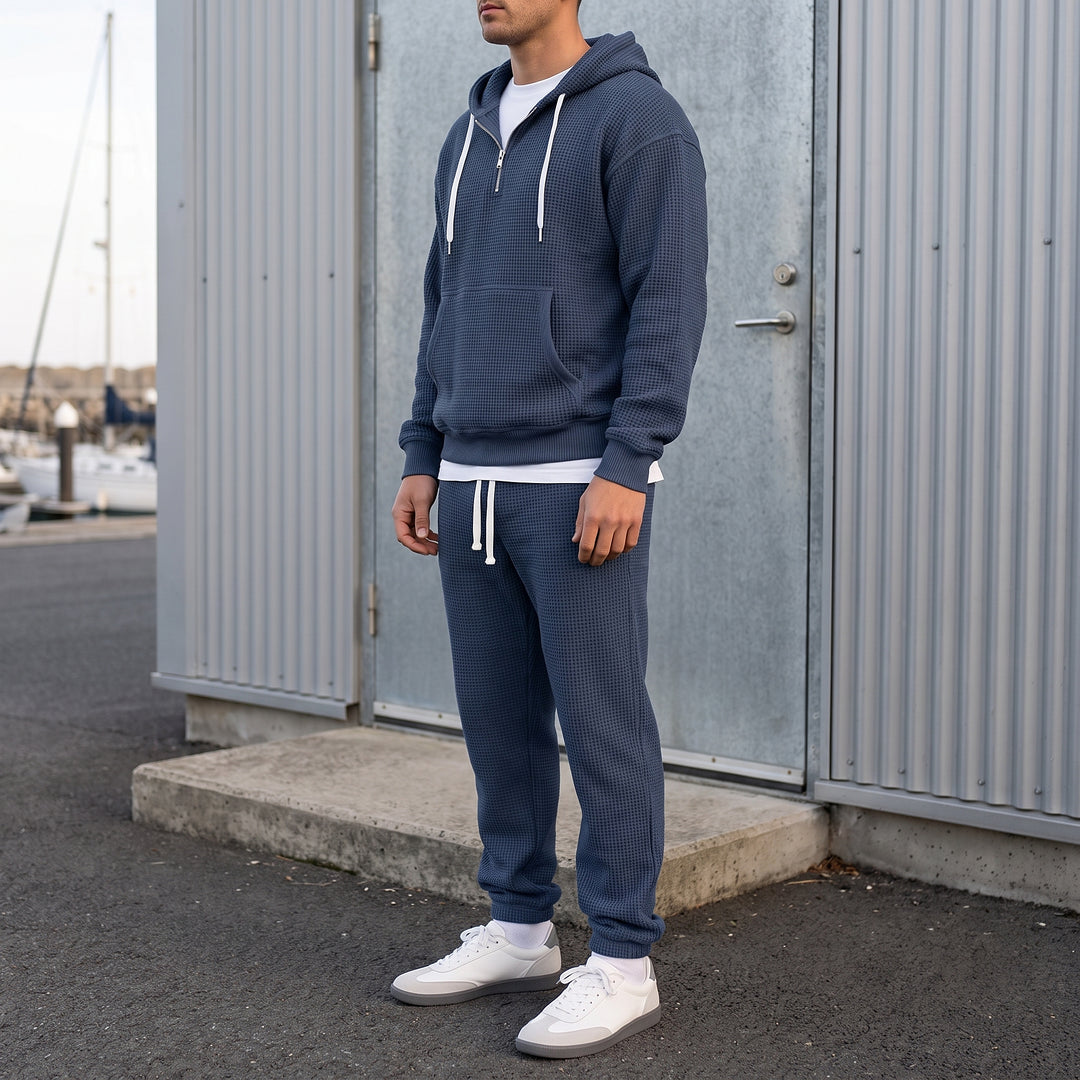 Halsey Waffle Half-Zip Hoodie Set — Navy