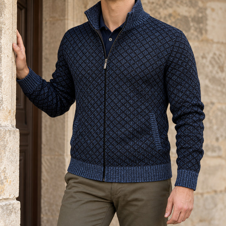 St Andrews Diamond Knit Cardigan — Navy