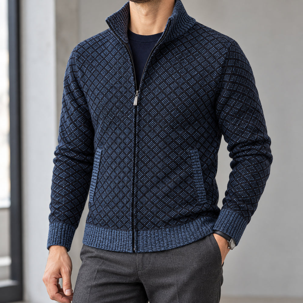 St Andrews Diamond Knit Cardigan — Navy
