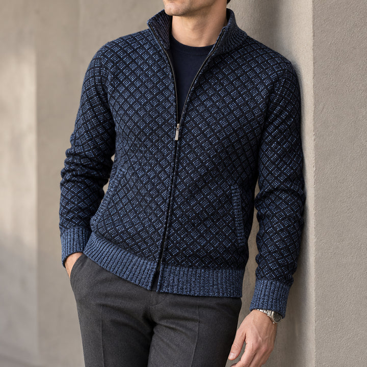 St Andrews Diamond Knit Cardigan — Navy