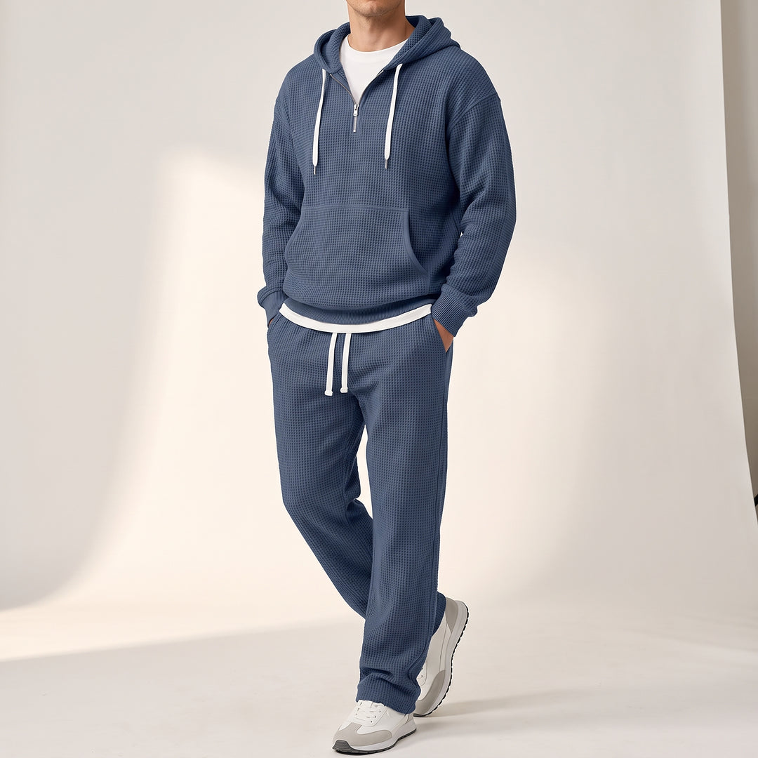 Halsey Waffle Half-Zip Hoodie Set — Navy