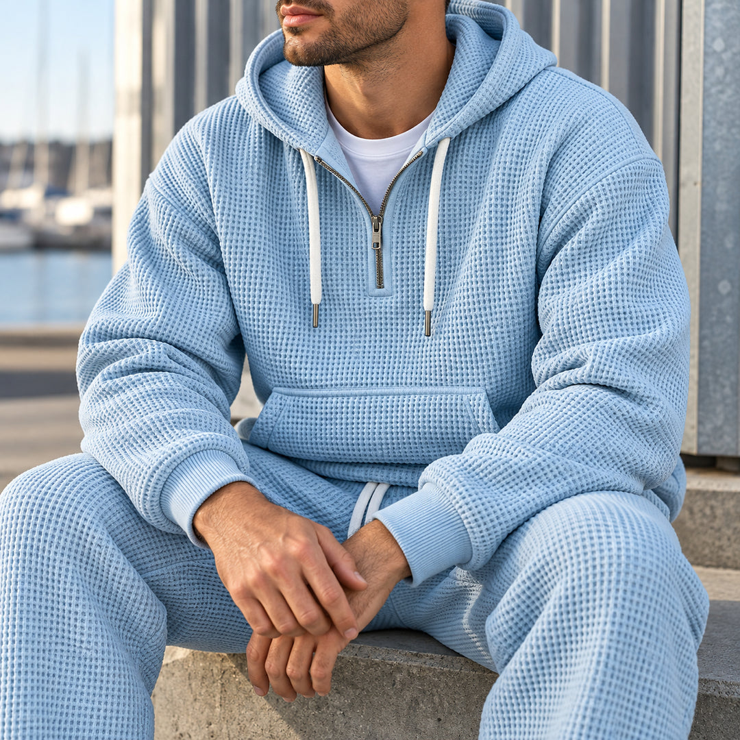 Halsey Waffle Half-Zip Hoodie Set — Sky Blue