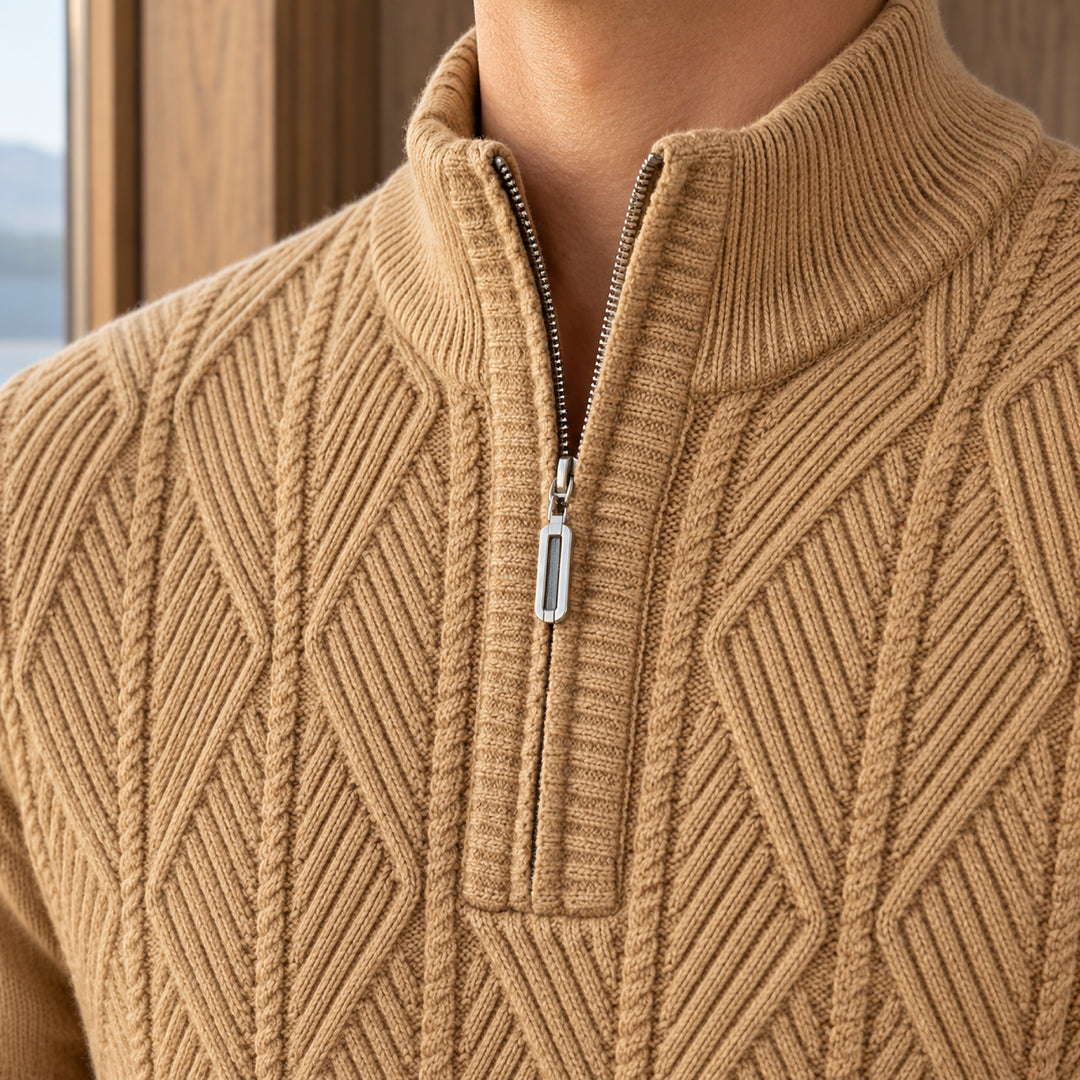 Galway Diamond-Cable Quarter Zip — Tan