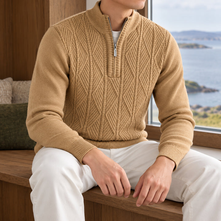 Galway Diamond-Cable Quarter Zip — Tan