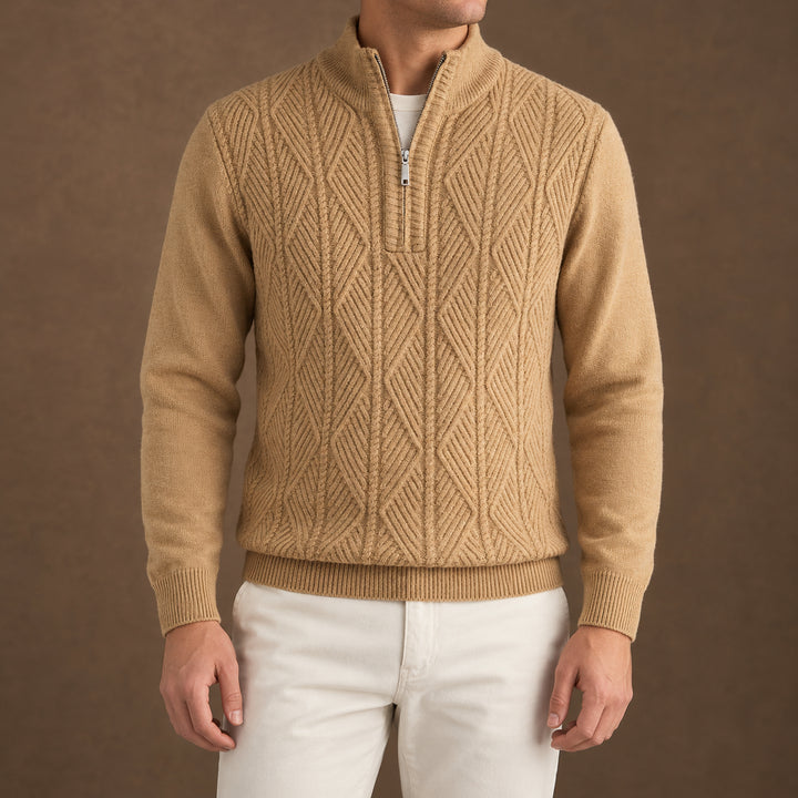 Galway Diamond-Cable Quarter Zip — Tan